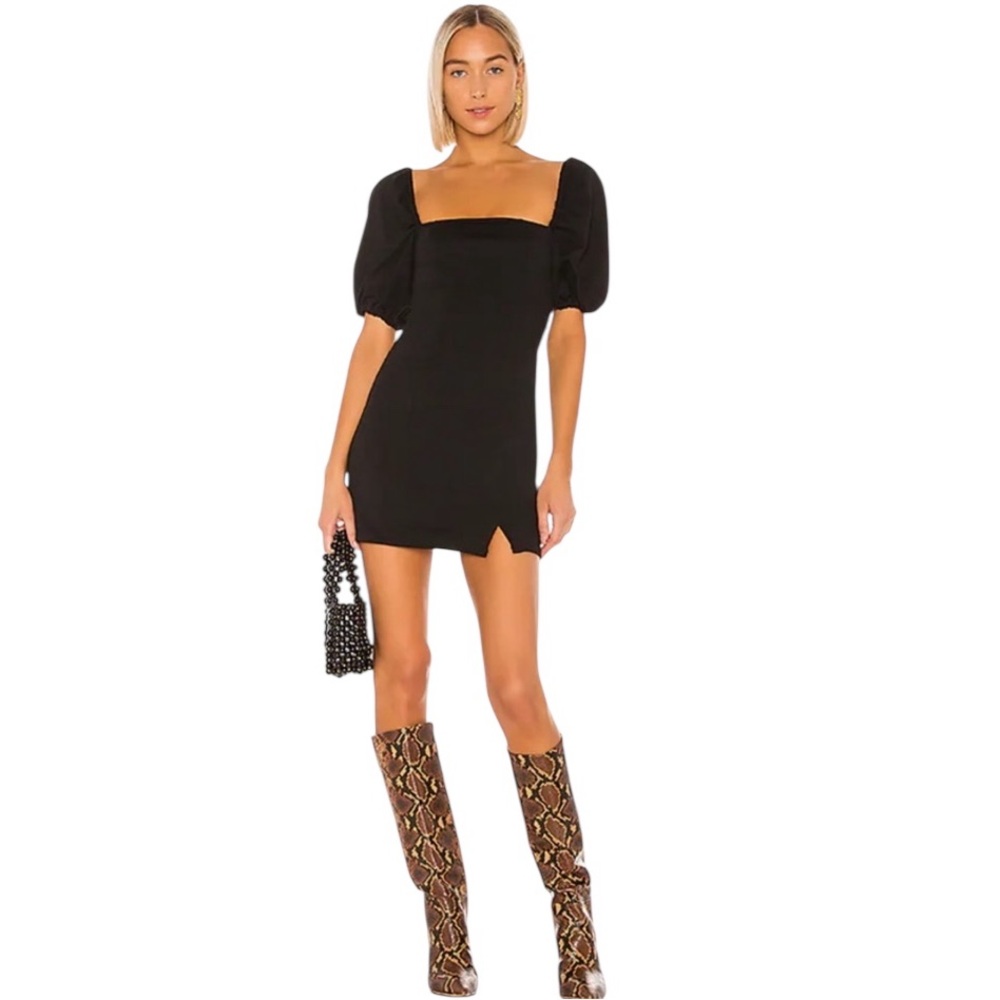 Tularosa Indy Dress Black Puff Sleeve Mini Square Neckline side slit Size Small